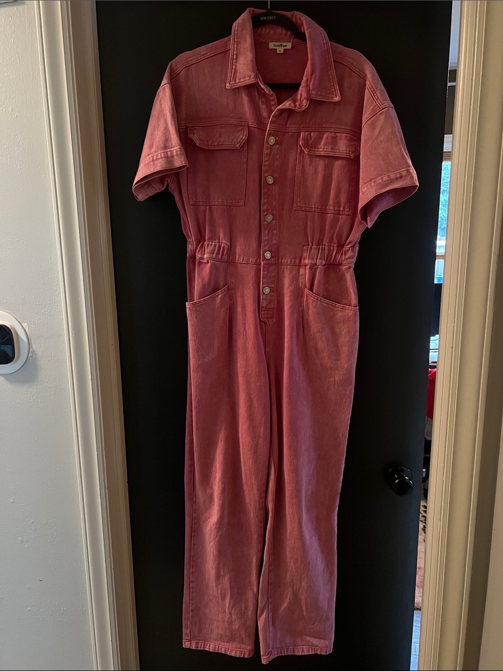 Pink Short-Sleeve Denim Jumpsuit